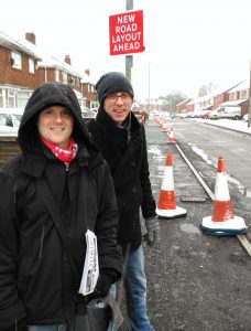 Cllr Dan Barker and Ben Hodges in a snowy Spring Lane 